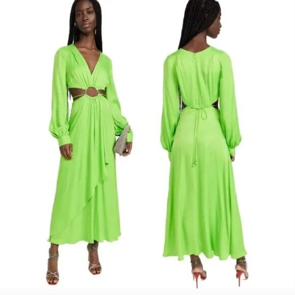 New NWT FARM RIO Lime Green Maxi Dress with Cut Outs and Long Sleeves Size Large - Picture 1 of 14